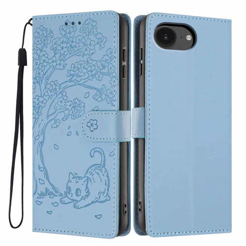 iPhone 17e / 16e Tree Cat Embossed Flip Vegan Leather Phone Case - Sky Blue