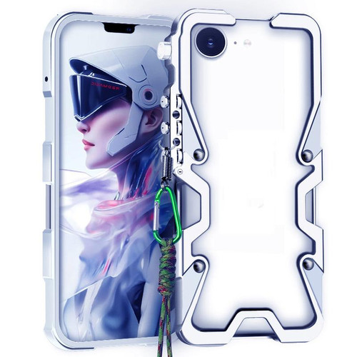 iPhone 17e / 16e Trigger Design Hollow Metal Frame Phone Case with Lanyard - Silver