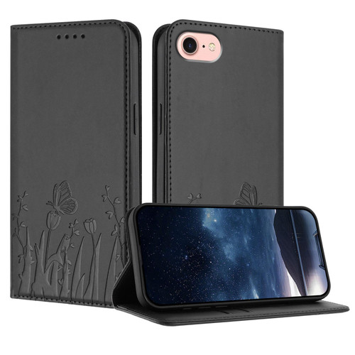 iPhone 17e / 16e Tulips Butterfly Pattern Magnetic Vegan Leather Phone Case - Black