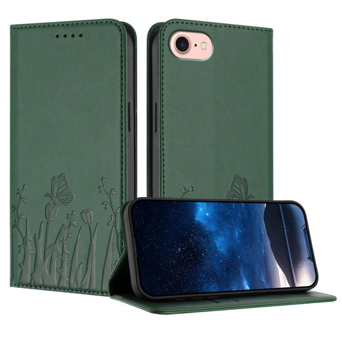iPhone 17e / 16e Tulips Butterfly Pattern Magnetic Vegan Leather Phone Case - Dark Green