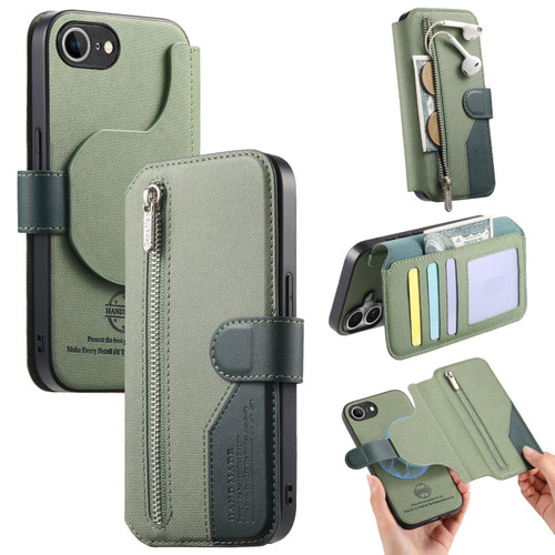 iPhone 17e / 16e Twill Fabric MagSafe RFID Anti-theft Zipper Wallet Leather Phone Case - Green