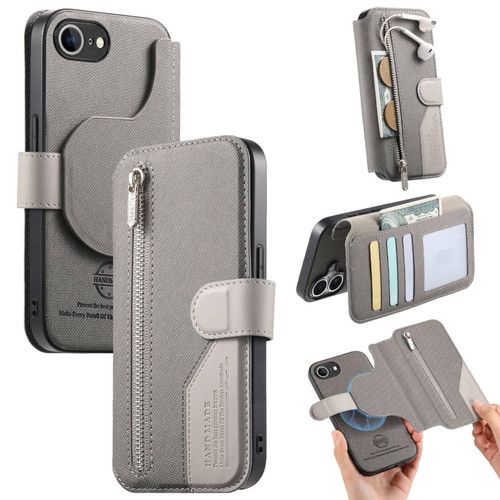 iPhone 17e / 16e Twill Fabric MagSafe RFID Anti-theft Zipper Wallet Leather Phone Case - Grey
