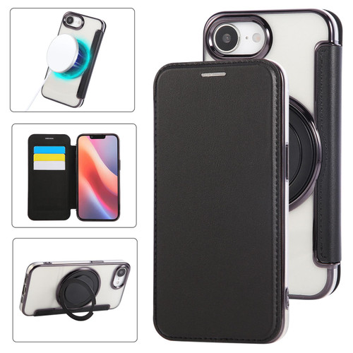 iPhone 17e / 16e Ultra-thin Rotation Holder Magnetic Plating Vegan Leather Phone Case - Black