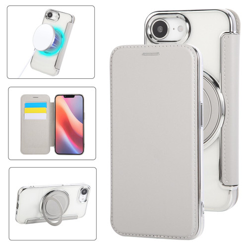 iPhone 17e / 16e Ultra-thin Rotation Holder Magnetic Plating Vegan Leather Phone Case - Grayish White