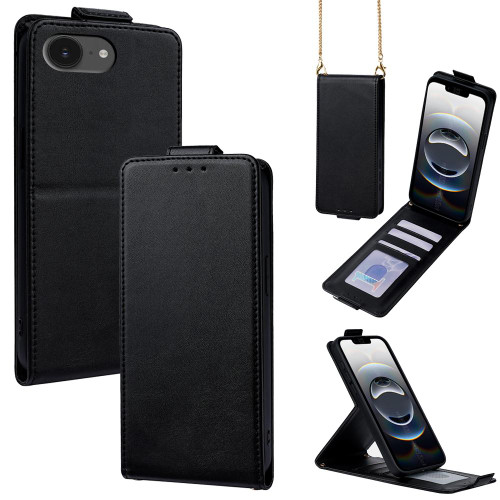 iPhone 17e / 16e Vertical Flip Cover Solid Color Vegan Leather Phone Case with Crossbody Chain - Black
