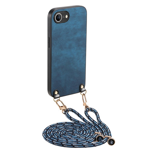 iPhone 17e / 16e Vintage Leather PC Back Cover Phone Case with Crossbody Strap - Blue