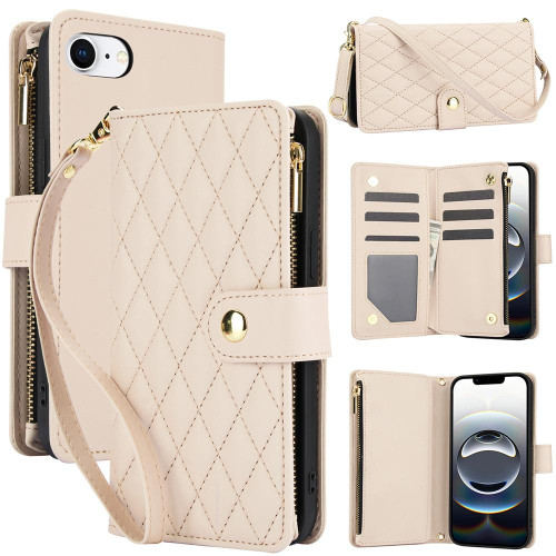 iPhone 17e / 16e YM016 Rhombic Zipper Card Wallet Leather Phone Case with Lanyard - Apricot