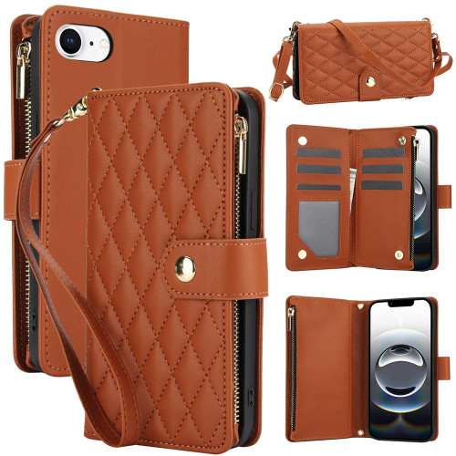 iPhone 17e / 16e YM016 Rhombic Zipper Card Wallet Leather Phone Case with Lanyard - Brown