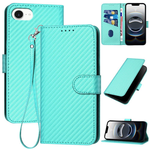 iPhone 17e / 16e YX0070 Carbon Fiber Buckle Leather Phone Case with Lanyard - Light Blue
