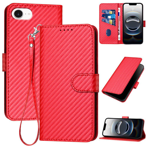 iPhone 17e / 16e YX0070 Carbon Fiber Buckle Leather Phone Case with Lanyard - Red