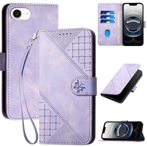 iPhone 17e / 16e YX0080 Grid Butterfly Embossed Pattern Flip Leather Phone Case with Lanyard - Light Purple