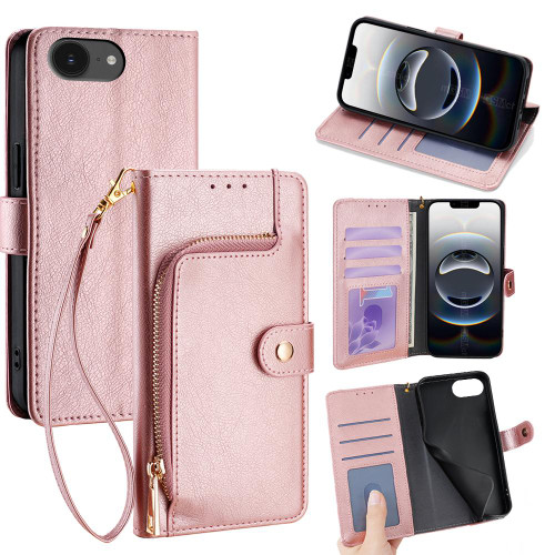 iPhone 17e / 16e Zipper Bag Leather Phone Case - Rose Gold