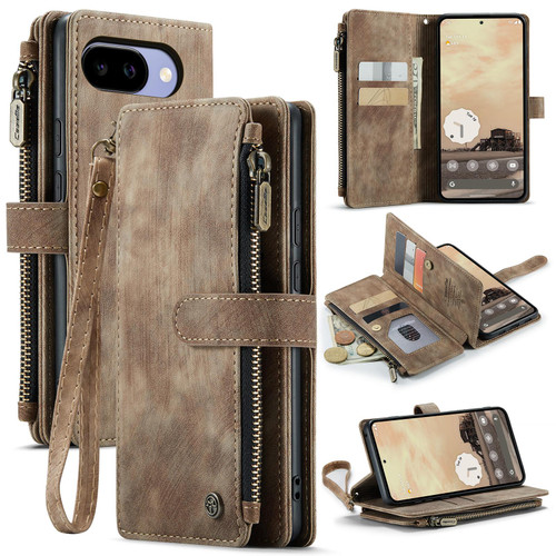 Google Pixel 10a CaseMe C30 Card Slots Zipper Wallet Leather Phone Case - Brown