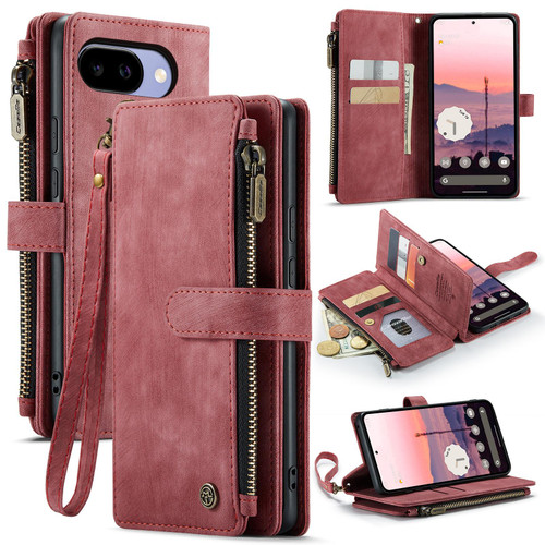 Google Pixel 10a CaseMe C30 Card Slots Zipper Wallet Leather Phone Case - Wine Red