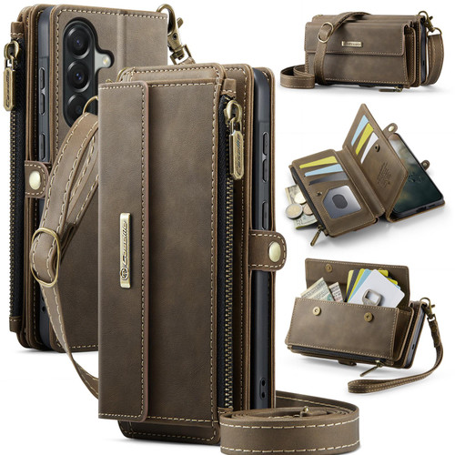 Samsung Galaxy A57 5G CaseMe C39 RFID Blocking Zipper Wallet Leather Phone Case with Crossbody Strap - Coffee