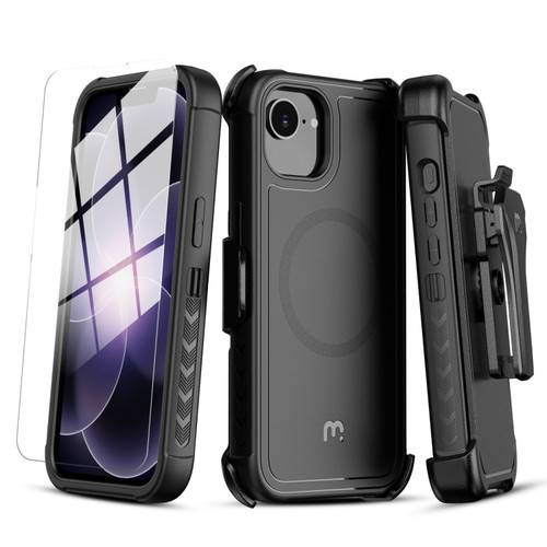 MyBat Pro Maverick Series MagSafe Case w/ Holster and Tempered Glass for Apple iPhone 17e / 16e / 14 / 13 - Black