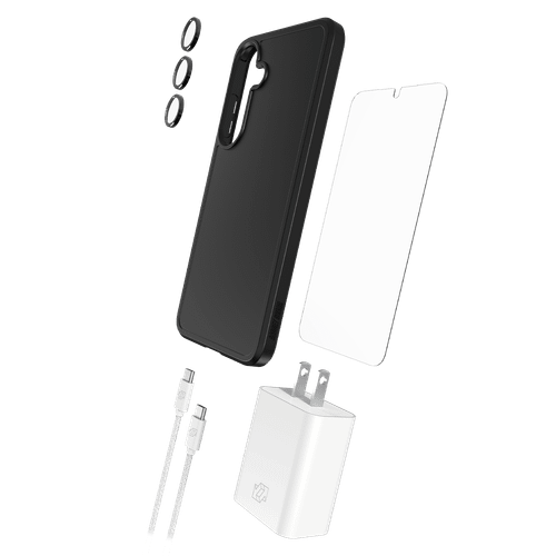 Gadget Guard - 5 In 1 Essentials Bundle Includes Case / Camera Lens Protector / Glass Screen Protector / 30w Charging Block / 6ft Cable for Samsung Galaxy S25 Plus - Black