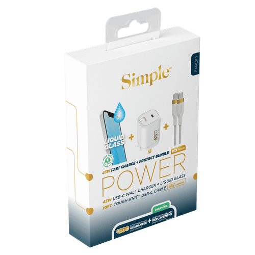Simple - Power and Protection Bundle Includes Type C Wall Charger 45w Type C Cable 10ft and Liquid Glass Screen Protector - White
