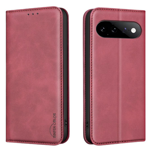 Google Pixel 11 / Pixel 11 Pro BINFEN COLOR Calfskin Texture Magnetic RFID Vegan Leather Phone Case - Red