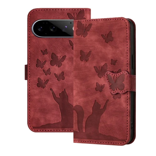 Google Pixel 11 / Pixel 11 Pro Butterfly Cat Embossing Flip Leather Phone Case - Red