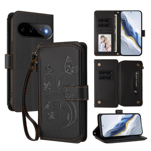 Google Pixel 11 / Pixel 11 Pro Butterfly Love Flower Multi-card Zipper Wallet Leather Phone Case - Black
