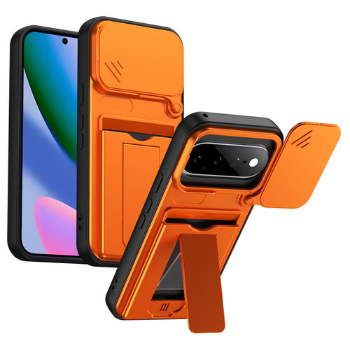 Google Pixel 11 / Pixel 11 Pro Card Holder Series Sliding Lens Cover PC Hybrid TPU Phone Case - Orange