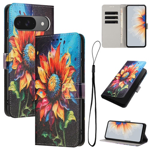 Google Pixel 11 / Pixel 11 Pro Color Drawing Pattern Leather Phone Case - Sunflower
