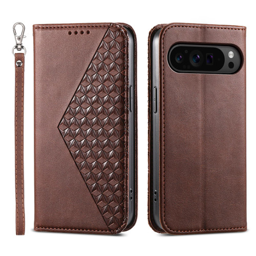 Google Pixel 11 / Pixel 11 Pro Cubic Grid Calf Texture Magnetic Leather Phone Case - Brown