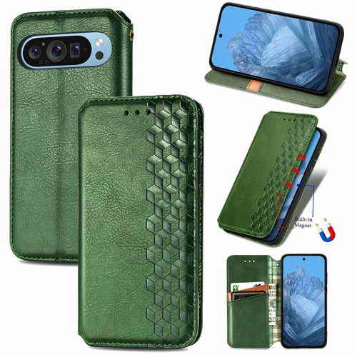 Google Pixel 11 / Pixel 11 Pro Cubic Grid Pressed Magnetic Leather Phone Case - Green