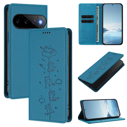 Google Pixel 11 / Pixel 11 Pro Cute Cats Embossed Magnetic RFID Vegan Leather Phone Case - Lake Blue