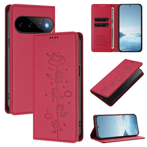 Google Pixel 11 / Pixel 11 Pro Cute Cats Embossed Magnetic RFID Vegan Leather Phone Case - Red