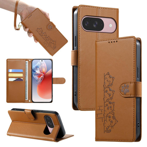 Google Pixel 11 / Pixel 11 Pro Cute Cats Magnetic Closure Vegan Leather Phone Case with Strap - Brown