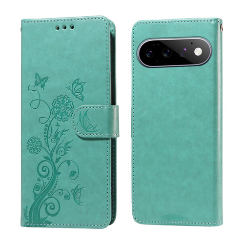 Google Pixel 11 / Pixel 11 Pro Embossed Butterfly Flowers Leather Phone Case - Green