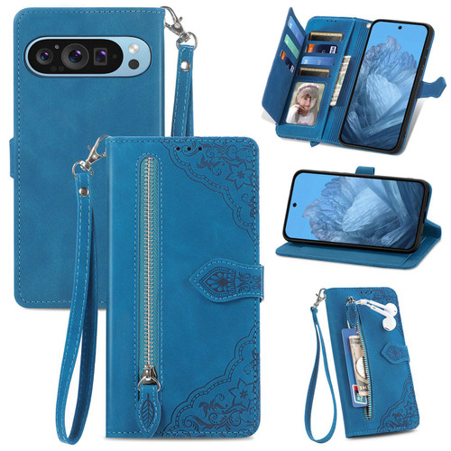 Google Pixel 11 / Pixel 11 Pro Embossed Flower Zipper Leather Phone Case - Blue