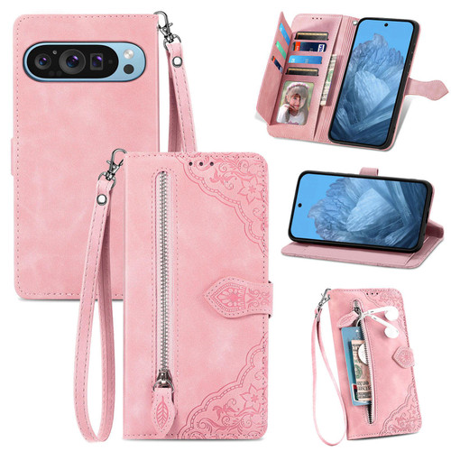 Google Pixel 11 / Pixel 11 Pro Embossed Flower Zipper Leather Phone Case - Pink