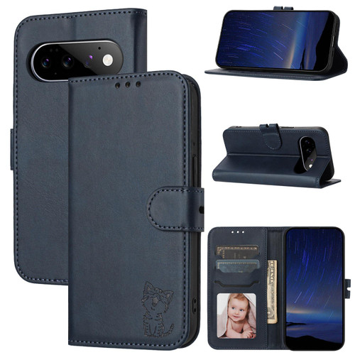 Google Pixel 11 / Pixel 11 Pro Embossed Happy Cat Pattern Flip Leather Phone Case - Blue