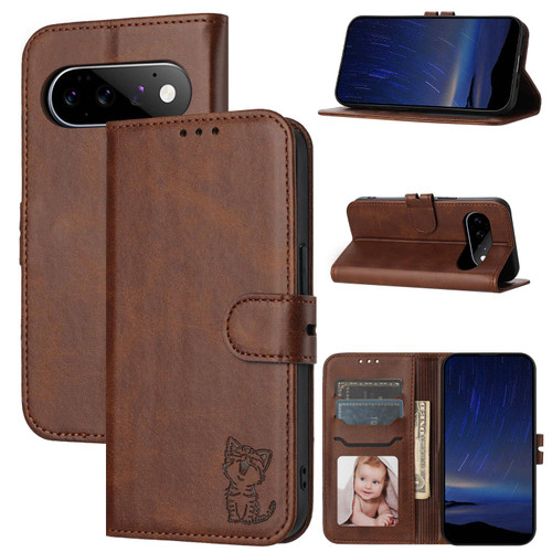 Google Pixel 11 / Pixel 11 Pro Embossed Happy Cat Pattern Flip Leather Phone Case - Brown