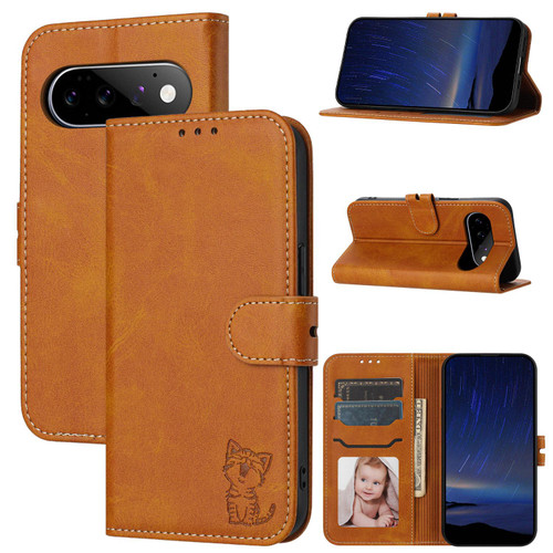 Google Pixel 11 / Pixel 11 Pro Embossed Happy Cat Pattern Flip Leather Phone Case - Yellow