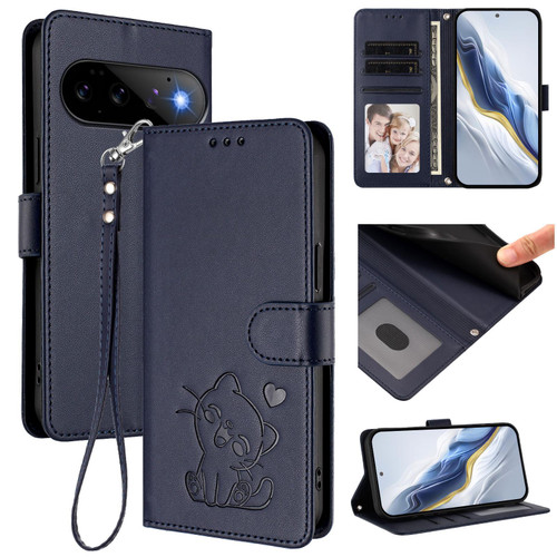 Google Pixel 11 / Pixel 11 Pro Embossed Heart Cat Leather Phone Case with Hand Strap - Blue
