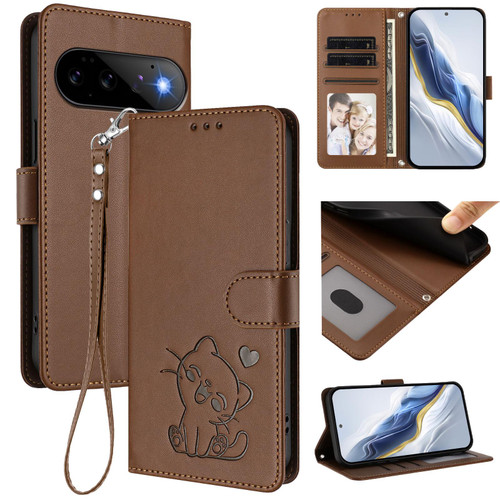 Google Pixel 11 / Pixel 11 Pro Embossed Heart Cat Leather Phone Case with Hand Strap - Brown
