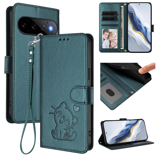 Google Pixel 11 / Pixel 11 Pro Embossed Heart Cat Leather Phone Case with Hand Strap - Dark Green