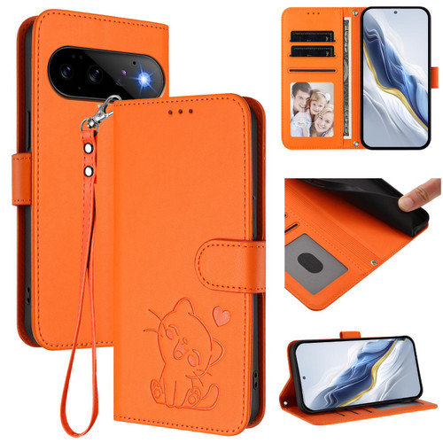 Google Pixel 11 / Pixel 11 Pro Embossed Heart Cat Leather Phone Case with Hand Strap - Orange