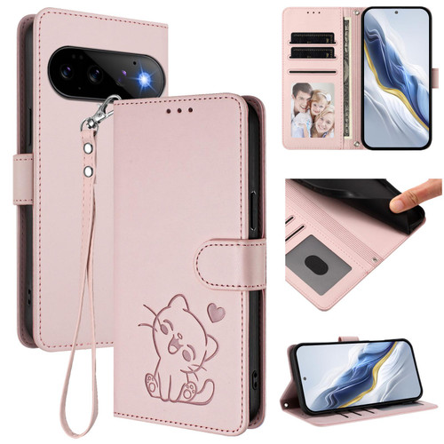 Google Pixel 11 / Pixel 11 Pro Embossed Heart Cat Leather Phone Case with Hand Strap - Pink
