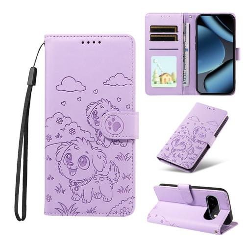 Google Pixel 11 / Pixel 11 Pro Embossed Heart Dog RFID Blocking Wallet Leather Phone Case - Purple