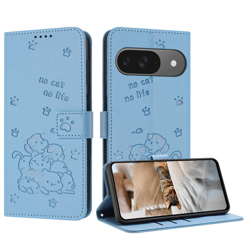 Google Pixel 11 / Pixel 11 Pro Embossed Kitten Phone Leather Case with Lanyard - Blue