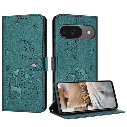 Google Pixel 11 / Pixel 11 Pro Embossed Kitten Phone Leather Case with Lanyard - Dark Green