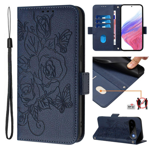 Google Pixel 11 / Pixel 11 Pro Embossed Rose RFID Anti-theft Leather Phone Case - Dark Blue