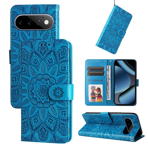 Google Pixel 11 / Pixel 11 Pro Embossed Sunflower Leather Phone Case - Blue