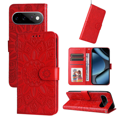 Google Pixel 11 / Pixel 11 Pro Embossed Sunflower Leather Phone Case - Red