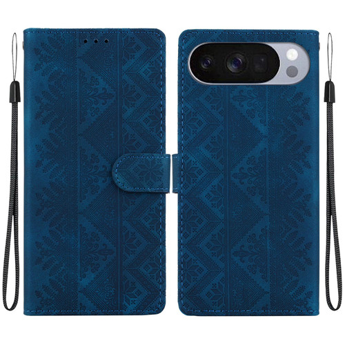 Google Pixel 11 / Pixel 11 Pro Ethnic Pattern Embossed Vegan Leather Phone Case - Dark Blue